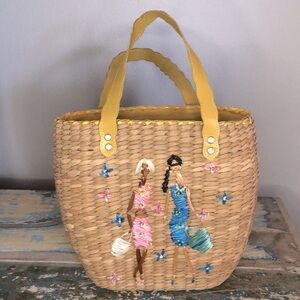 Wicker Purse with Embroidered Ladies and Drawstring Closure